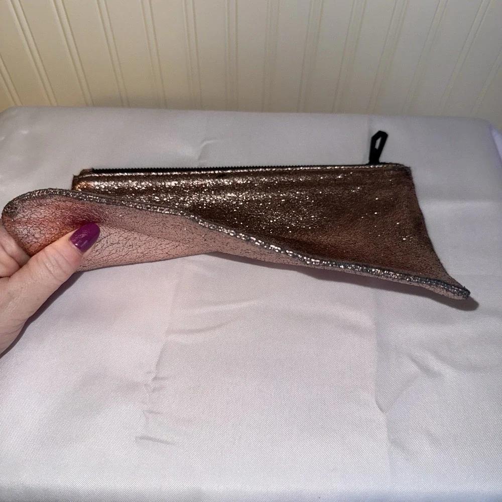 Marc Jacobs Neiman Marcus Rose Gold Leather Zip Clutch Makeup Cosmetic Bag Pouch